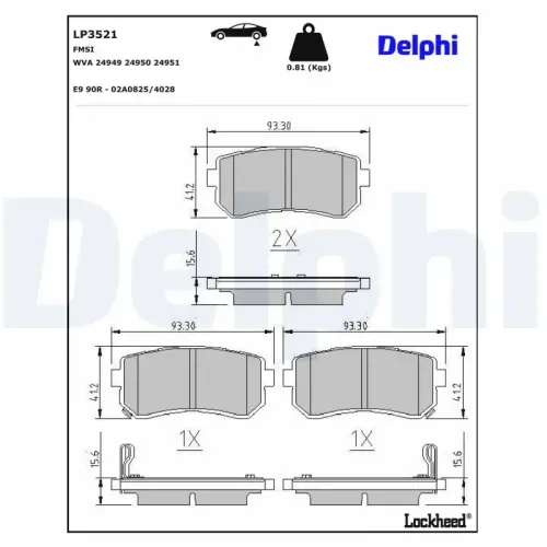 Bremsbelagsatz, Scheibenbremse Hinterachse DELPHI LP3521 Bild Bremsbelagsatz, Scheibenbremse Hinterachse DELPHI LP3521