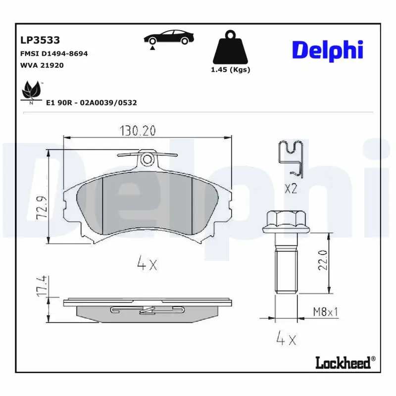Bremsbelagsatz, Scheibenbremse Vorderachse DELPHI LP3533