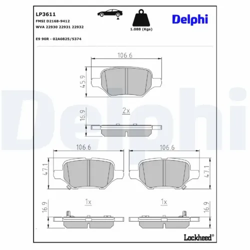 Bremsbelagsatz, Scheibenbremse Hinterachse DELPHI LP3611 Bild Bremsbelagsatz, Scheibenbremse Hinterachse DELPHI LP3611