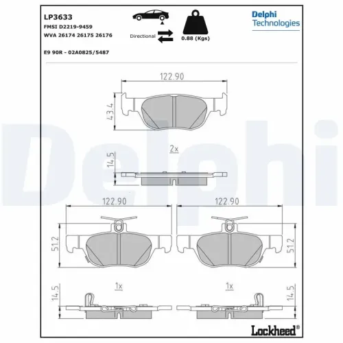 Bremsbelagsatz, Scheibenbremse Hinterachse DELPHI LP3633 Bild Bremsbelagsatz, Scheibenbremse Hinterachse DELPHI LP3633