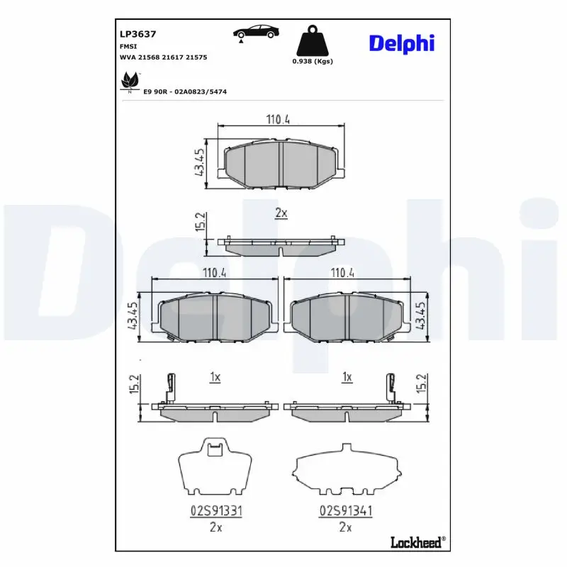 Bremsbelagsatz, Scheibenbremse Vorderachse DELPHI LP3637