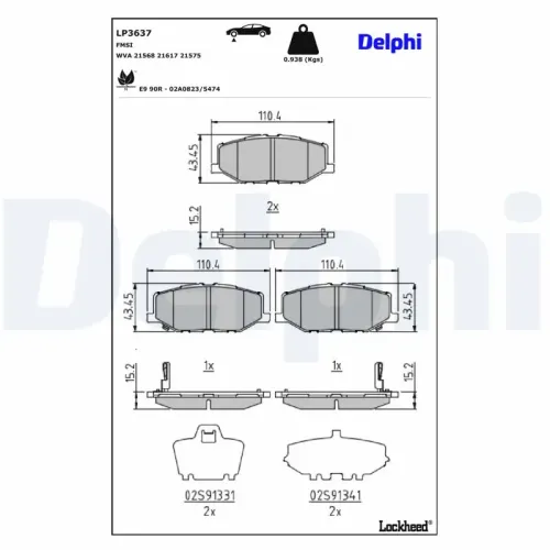 Bremsbelagsatz, Scheibenbremse Vorderachse DELPHI LP3637 Bild Bremsbelagsatz, Scheibenbremse Vorderachse DELPHI LP3637