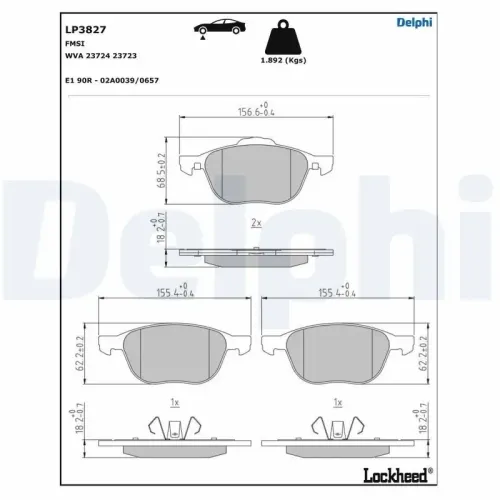 Bremsbelagsatz, Scheibenbremse Vorderachse DELPHI LP3827 Bild Bremsbelagsatz, Scheibenbremse Vorderachse DELPHI LP3827