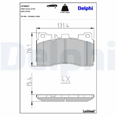 Bremsbelagsatz, Scheibenbremse Hinterachse DELPHI LP3867 Bild Bremsbelagsatz, Scheibenbremse Hinterachse DELPHI LP3867