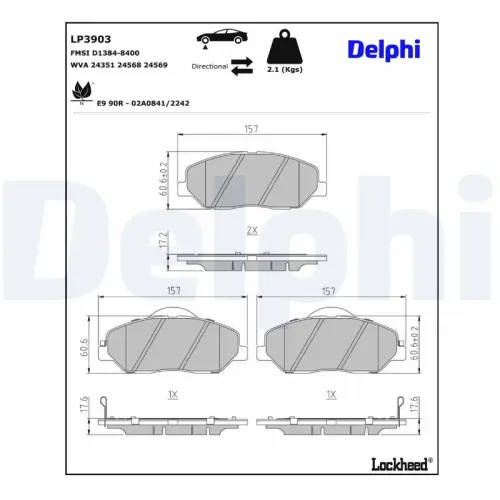 Bremsbelagsatz, Scheibenbremse Vorderachse DELPHI LP3903 Bild Bremsbelagsatz, Scheibenbremse Vorderachse DELPHI LP3903