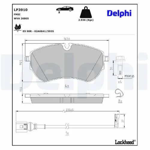 Bremsbelagsatz, Scheibenbremse Vorderachse DELPHI LP3910 Bild Bremsbelagsatz, Scheibenbremse Vorderachse DELPHI LP3910