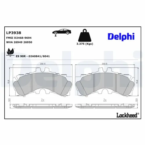Bremsbelagsatz, Scheibenbremse Vorderachse Vorderachse DELPHI LP3938 Bild Bremsbelagsatz, Scheibenbremse Vorderachse Vorderachse DELPHI LP3938