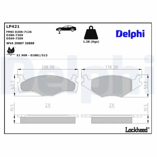 Bremsbelagsatz, Scheibenbremse Vorderachse DELPHI LP421 Bild Bremsbelagsatz, Scheibenbremse Vorderachse DELPHI LP421