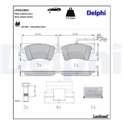 Bremsbelagsatz, Scheibenbremse Vorderachse DELPHI LP5018EV Bild Bremsbelagsatz, Scheibenbremse Vorderachse DELPHI LP5018EV