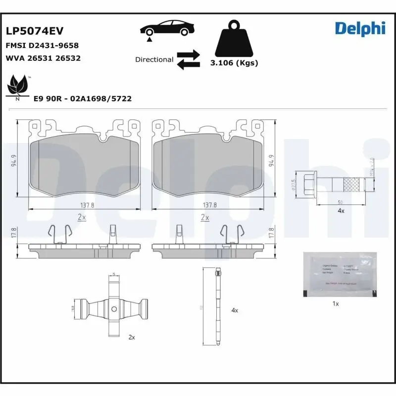 Bremsbelagsatz, Scheibenbremse Vorderachse DELPHI LP5074EV