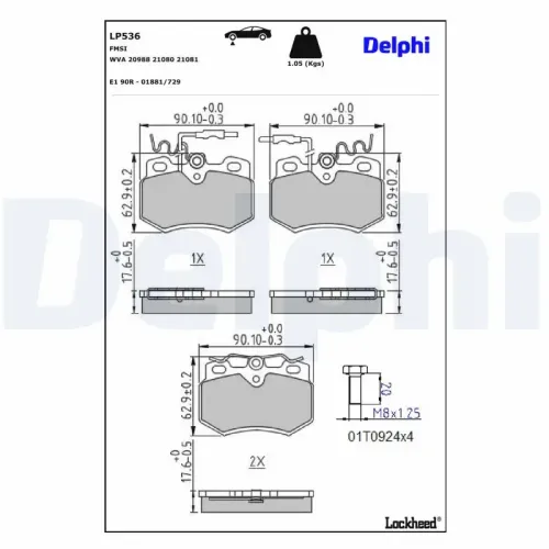 Bremsbelagsatz, Scheibenbremse Vorderachse DELPHI LP536 Bild Bremsbelagsatz, Scheibenbremse Vorderachse DELPHI LP536