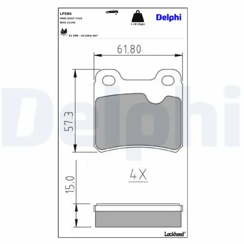 Bremsbelagsatz, Scheibenbremse DELPHI LP586 Bild Bremsbelagsatz, Scheibenbremse DELPHI LP586