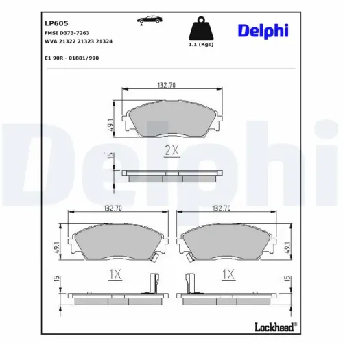 Bremsbelagsatz, Scheibenbremse DELPHI LP605 Bild Bremsbelagsatz, Scheibenbremse DELPHI LP605