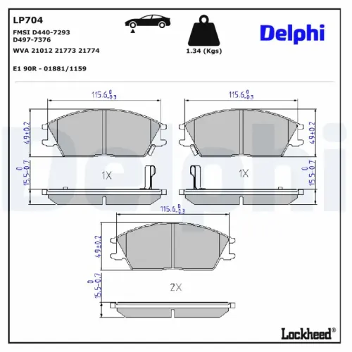 Bremsbelagsatz, Scheibenbremse Vorderachse DELPHI LP704 Bild Bremsbelagsatz, Scheibenbremse Vorderachse DELPHI LP704
