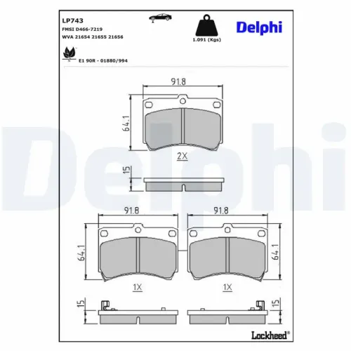 Bremsbelagsatz, Scheibenbremse DELPHI LP743 Bild Bremsbelagsatz, Scheibenbremse DELPHI LP743