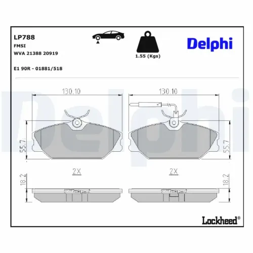 Bremsbelagsatz, Scheibenbremse DELPHI LP788 Bild Bremsbelagsatz, Scheibenbremse DELPHI LP788