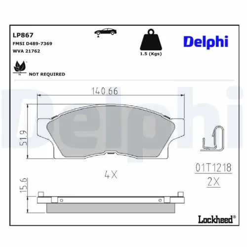 Bremsbelagsatz, Scheibenbremse Vorderachse DELPHI LP867 Bild Bremsbelagsatz, Scheibenbremse Vorderachse DELPHI LP867
