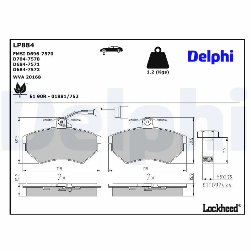 Bremsbelagsatz, Scheibenbremse Vorderachse DELPHI LP884