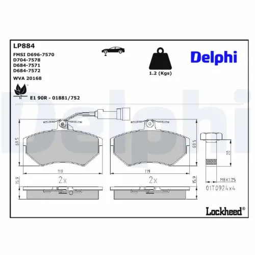 Bremsbelagsatz, Scheibenbremse Vorderachse DELPHI LP884 Bild Bremsbelagsatz, Scheibenbremse Vorderachse DELPHI LP884