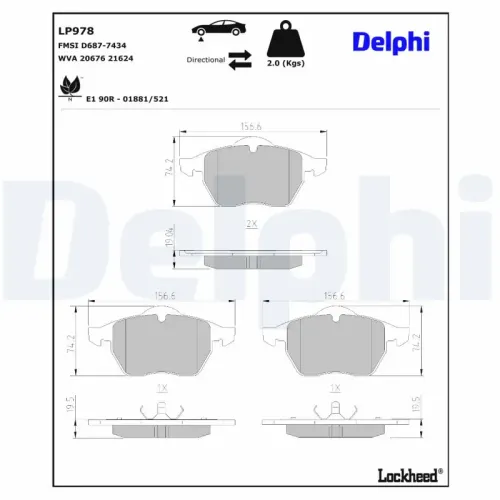 Bremsbelagsatz, Scheibenbremse Vorderachse DELPHI LP978 Bild Bremsbelagsatz, Scheibenbremse Vorderachse DELPHI LP978