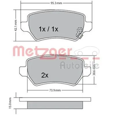 Bremsbelagsatz, Scheibenbremse Hinterachse METZGER 1170004 Bild Bremsbelagsatz, Scheibenbremse Hinterachse METZGER 1170004