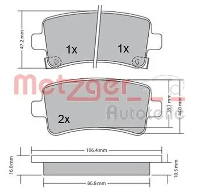 Bremsbelagsatz, Scheibenbremse METZGER 1170152 Bild Bremsbelagsatz, Scheibenbremse METZGER 1170152