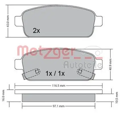 Bremsbelagsatz, Scheibenbremse METZGER 1170164