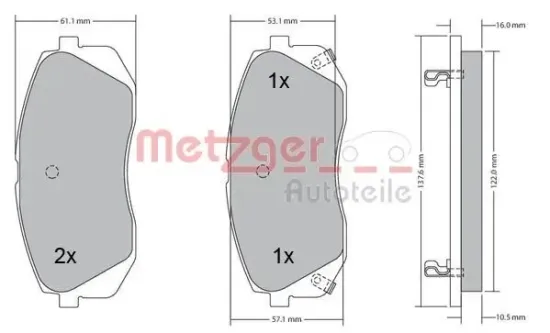 Bremsbelagsatz, Scheibenbremse Vorderachse METZGER 1170186 Bild Bremsbelagsatz, Scheibenbremse Vorderachse METZGER 1170186