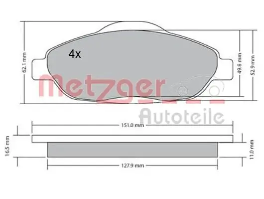 Bremsbelagsatz, Scheibenbremse METZGER 1170194 Bild Bremsbelagsatz, Scheibenbremse METZGER 1170194