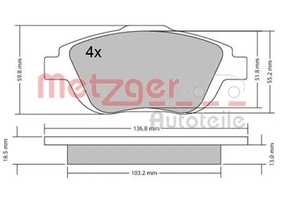 Bremsbelagsatz, Scheibenbremse METZGER 1170326