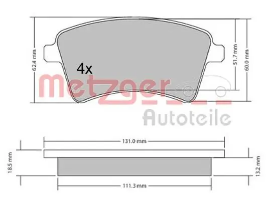 Bremsbelagsatz, Scheibenbremse METZGER 1170467 Bild Bremsbelagsatz, Scheibenbremse METZGER 1170467