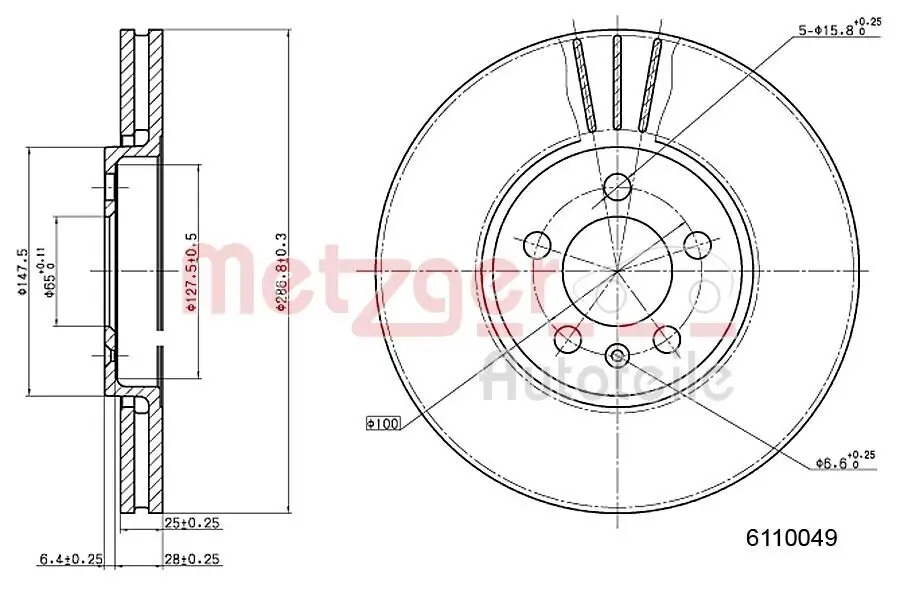 Bremsscheibe Vorderachse links Vorderachse rechts METZGER 6110049