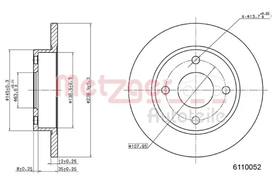 Bremsscheibe Vorderachse links Vorderachse rechts METZGER 6110052 Bild Bremsscheibe Vorderachse links Vorderachse rechts METZGER 6110052