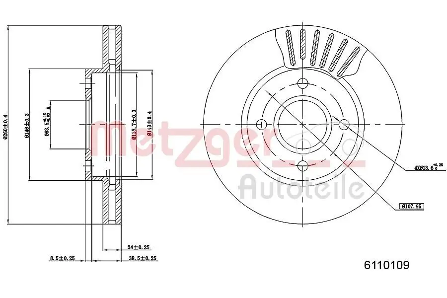 Bremsscheibe Vorderachse links Vorderachse rechts METZGER 6110109