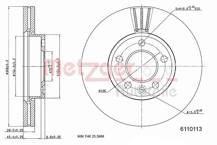 Bremsscheibe Vorderachse links Vorderachse rechts METZGER 6110113