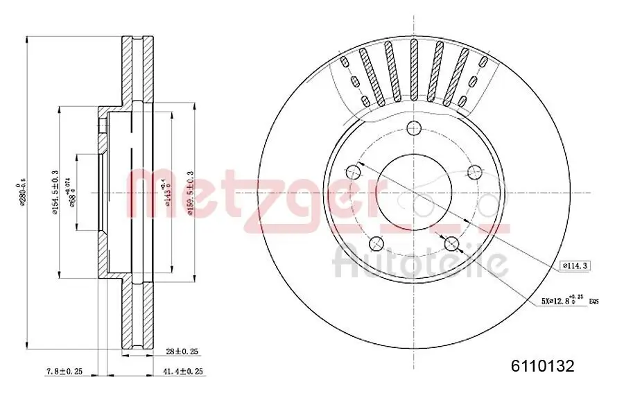Bremsscheibe Vorderachse links Vorderachse rechts METZGER 6110132