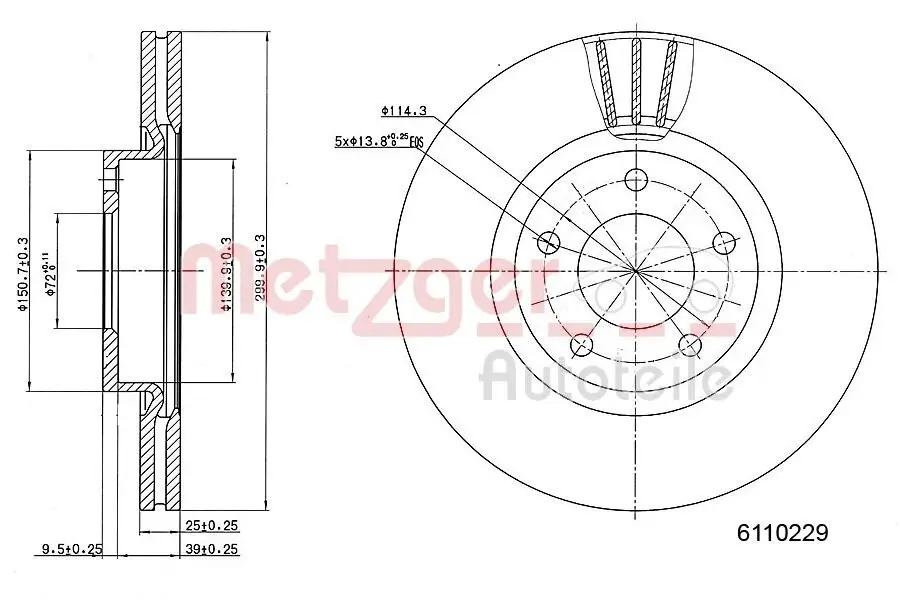 Bremsscheibe Vorderachse links Vorderachse rechts METZGER 6110229