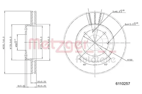 Bremsscheibe Vorderachse links Vorderachse rechts METZGER 6110257 Bild Bremsscheibe Vorderachse links Vorderachse rechts METZGER 6110257