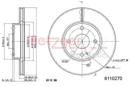 Bremsscheibe Vorderachse links Vorderachse rechts METZGER 6110270 Bild Bremsscheibe Vorderachse links Vorderachse rechts METZGER 6110270
