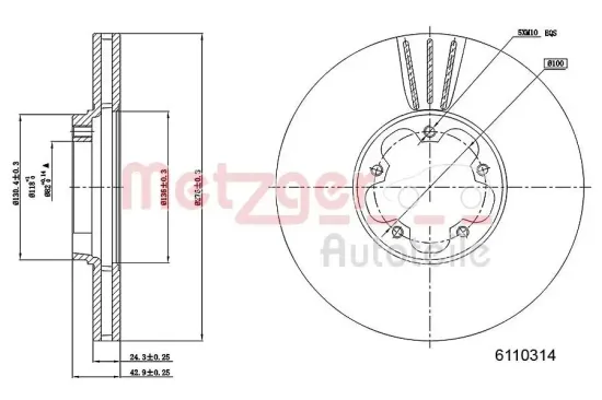 Bremsscheibe Vorderachse links Vorderachse rechts METZGER 6110314 Bild Bremsscheibe Vorderachse links Vorderachse rechts METZGER 6110314