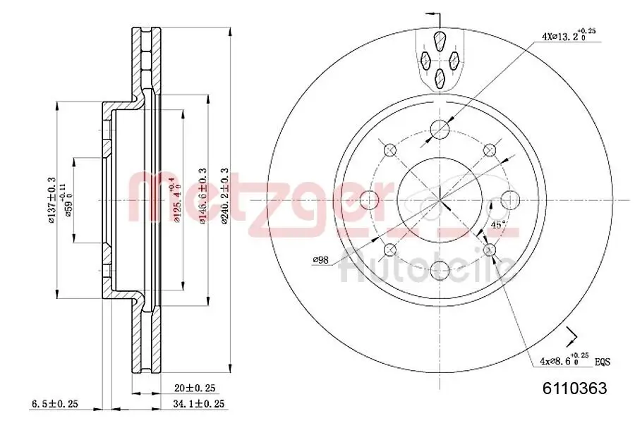 Bremsscheibe Vorderachse links Vorderachse rechts METZGER 6110363