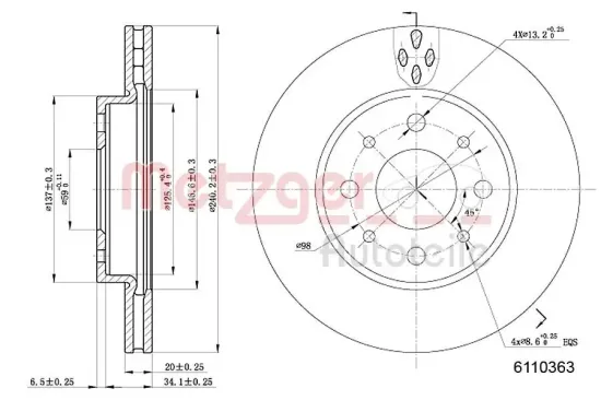 Bremsscheibe Vorderachse links Vorderachse rechts METZGER 6110363 Bild Bremsscheibe Vorderachse links Vorderachse rechts METZGER 6110363