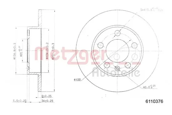 Bremsscheibe Hinterachse METZGER 6110376 Bild Bremsscheibe Hinterachse METZGER 6110376