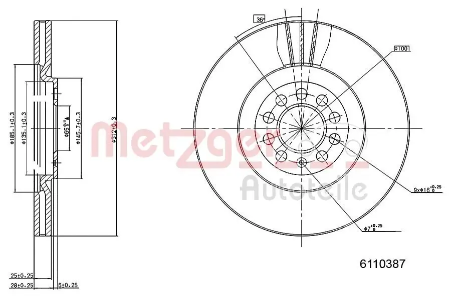 Bremsscheibe Vorderachse links Vorderachse rechts METZGER 6110387