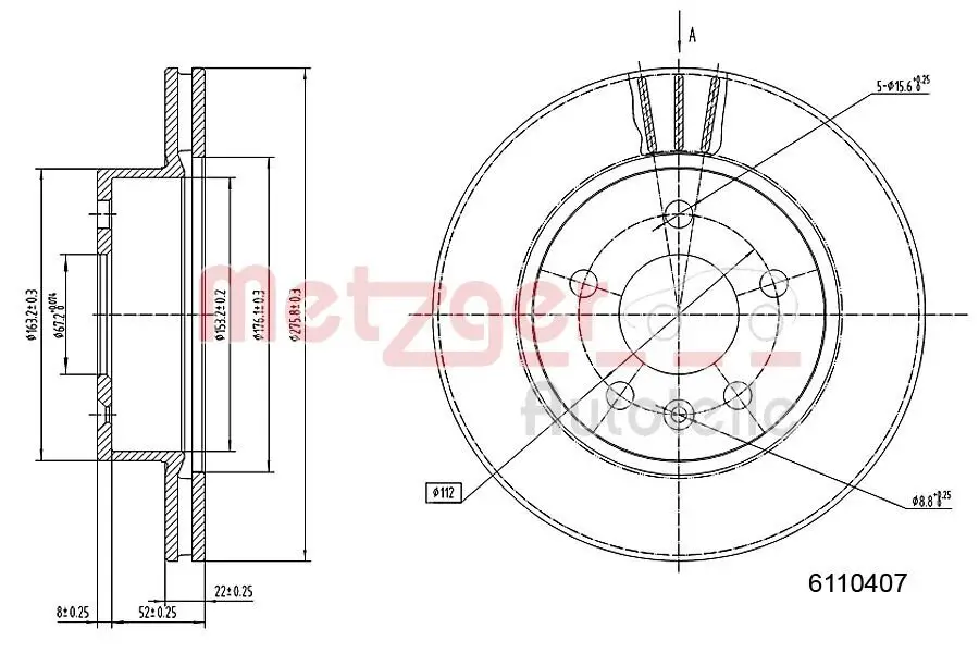 Bremsscheibe Vorderachse links Vorderachse rechts METZGER 6110407