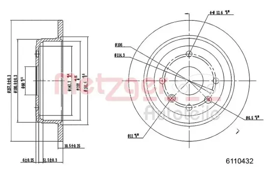 Bremsscheibe Hinterachse METZGER AUTOTEILE 6110432 Bild Bremsscheibe Hinterachse METZGER AUTOTEILE 6110432