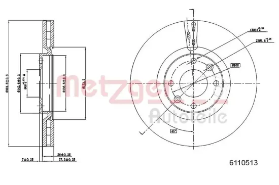 Bremsscheibe Vorderachse links Vorderachse rechts METZGER 6110513 Bild Bremsscheibe Vorderachse links Vorderachse rechts METZGER 6110513