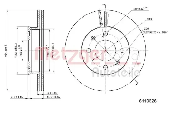 Bremsscheibe Vorderachse links Vorderachse rechts METZGER 6110626 Bild Bremsscheibe Vorderachse links Vorderachse rechts METZGER 6110626