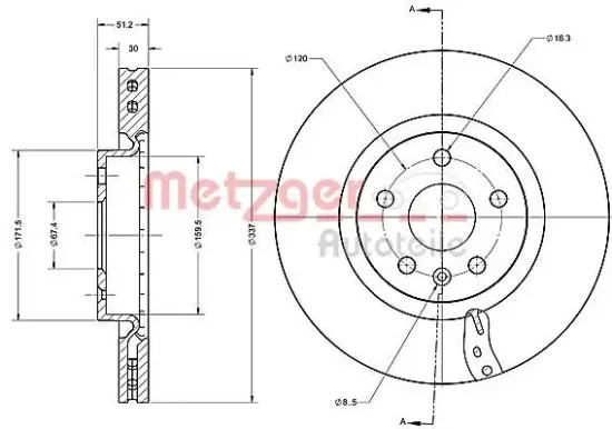 Bremsscheibe Vorderachse METZGER AUTOTEILE 6110698 Bild Bremsscheibe Vorderachse METZGER AUTOTEILE 6110698