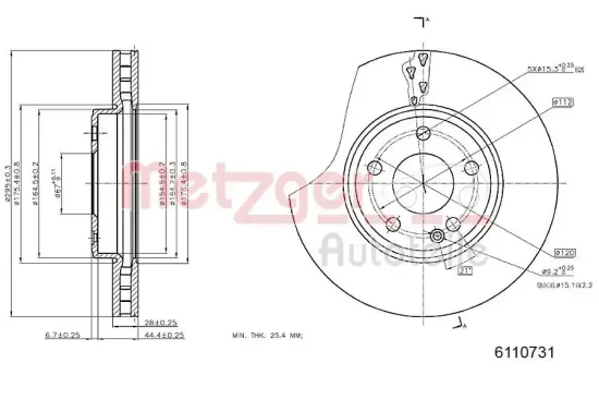 Bremsscheibe Vorderachse links Vorderachse rechts METZGER 6110731 Bild Bremsscheibe Vorderachse links Vorderachse rechts METZGER 6110731